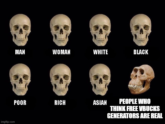 hi | PEOPLE WHO THINK FREE VBUCKS GENERATORS ARE REAL | image tagged in empty skulls of truth | made w/ Imgflip meme maker