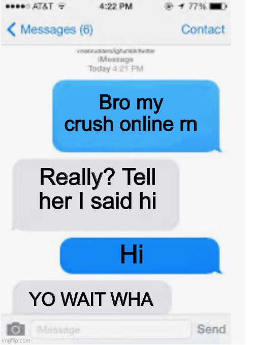 You’ll never know | Bro my crush online rn; Really? Tell her I said hi; Hi; YO WAIT WHA | image tagged in blank text conversation | made w/ Imgflip meme maker