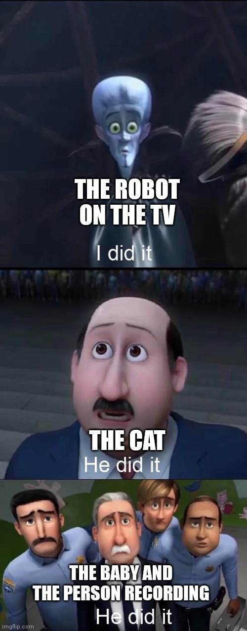 Megamind I did it | THE ROBOT ON THE TV THE CAT THE BABY AND THE PERSON RECORDING | image tagged in megamind i did it | made w/ Imgflip meme maker