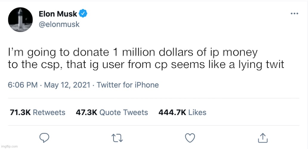 Elon Musk Blank Tweet | I’m going to donate 1 million dollars of ip money to the csp, that ig user from cp seems like a lying twit | image tagged in elon musk blank tweet | made w/ Imgflip meme maker