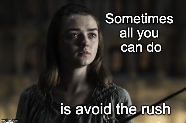 A girl is Arya Stark | Sometimes 
all you 
can do is avoid the rush | image tagged in a girl is arya stark | made w/ Imgflip meme maker