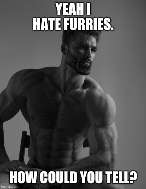 Now we wait for trikurrdurr to get pissed | YEAH I HATE FURRIES. HOW COULD YOU TELL? | image tagged in giga chad | made w/ Imgflip meme maker