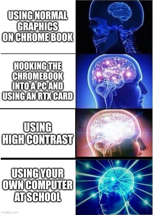 Expanding Brain | USING NORMAL GRAPHICS ON CHROME BOOK; HOOKING THE CHROMEBOOK INTO A PC AND USING AN RTX CARD; USING HIGH CONTRAST; USING YOUR OWN COMPUTER AT SCHOOL | image tagged in memes,expanding brain | made w/ Imgflip meme maker