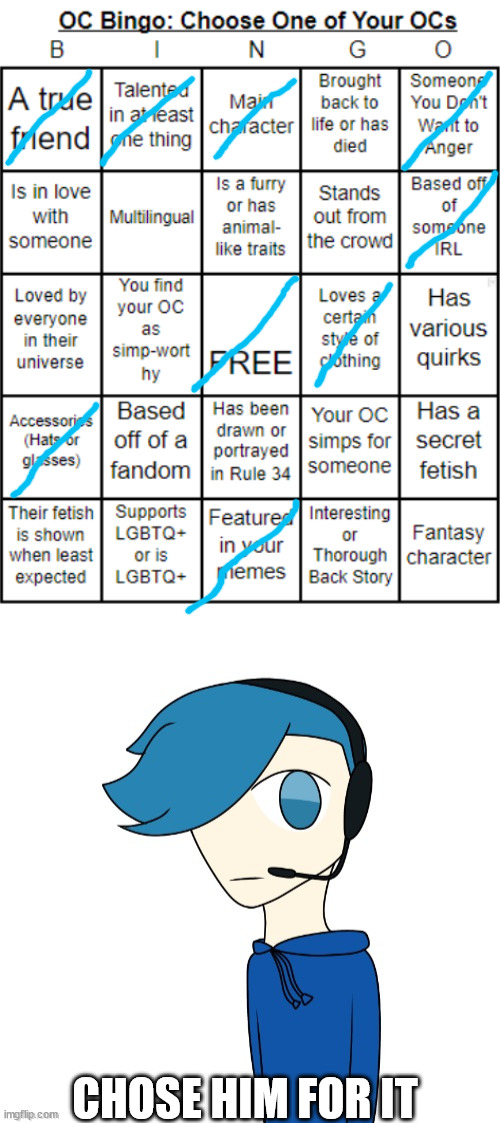 CHOSE HIM FOR IT | image tagged in jer-sama's oc bingo,poke my oc | made w/ Imgflip meme maker