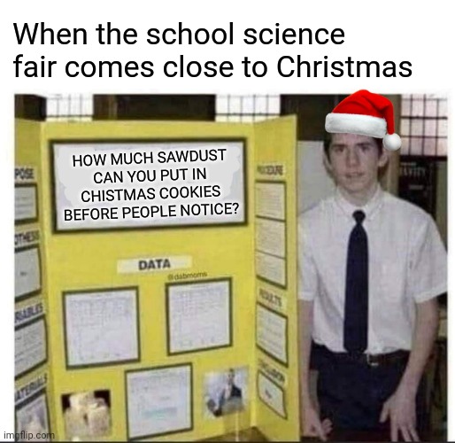 Christmas cookies for science |  When the school science fair comes close to Christmas; HOW MUCH SAWDUST CAN YOU PUT IN CHISTMAS COOKIES BEFORE PEOPLE NOTICE? | image tagged in christmas,cookies,school,science,christmas memes | made w/ Imgflip meme maker