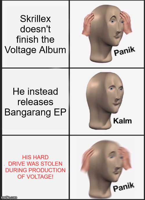 Skrillex Panik Kalm Panik | Skrillex doesn't finish the Voltage Album; He instead releases Bangarang EP; HIS HARD DRIVE WAS STOLEN DURING PRODUCTION OF VOLTAGE! | image tagged in memes,panik kalm panik | made w/ Imgflip meme maker