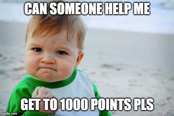 I need help | CAN SOMEONE HELP ME; GET TO 1000 POINTS PLS | image tagged in memes,success kid original | made w/ Imgflip meme maker