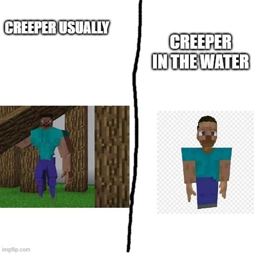 creepers be like | CREEPER IN THE WATER; CREEPER USUALLY | image tagged in memes,funny memes,minecraft,minecraft steve,minecraft creeper,creeper | made w/ Imgflip meme maker