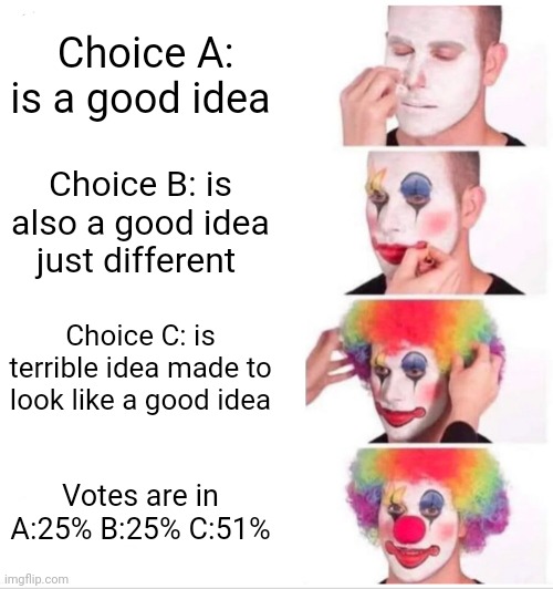 How voting is in America | Choice A: is a good idea; Choice B: is also a good idea just different; Choice C: is terrible idea made to look like a good idea; Votes are in
A:25% B:25% C:51% | image tagged in memes,clown applying makeup | made w/ Imgflip meme maker