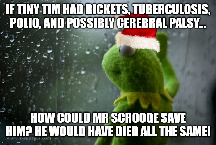 Sad fact #453. Tiny Tim was doomed regardless of Scrooge's change of heart. This was the 19th century afterall. | IF TINY TIM HAD RICKETS, TUBERCULOSIS, POLIO, AND POSSIBLY CEREBRAL PALSY... HOW COULD MR SCROOGE SAVE HIM? HE WOULD HAVE DIED ALL THE SAME! | image tagged in kermit window,tiny,scrooge,christmas,disease | made w/ Imgflip meme maker