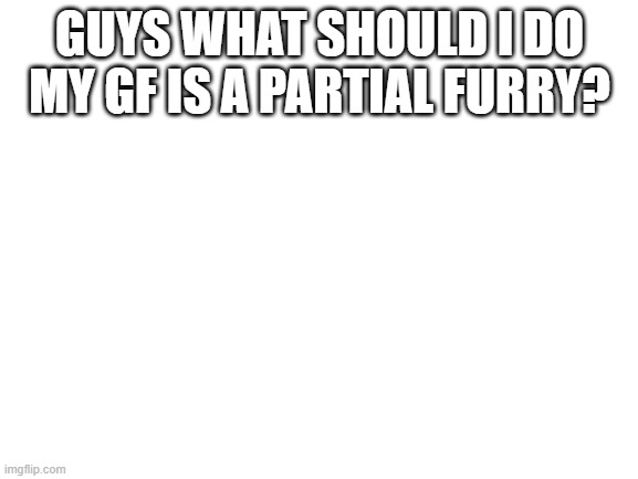 Blank White Template | GUYS WHAT SHOULD I DO MY GF IS A PARTIAL FURRY? | image tagged in blank white template | made w/ Imgflip meme maker