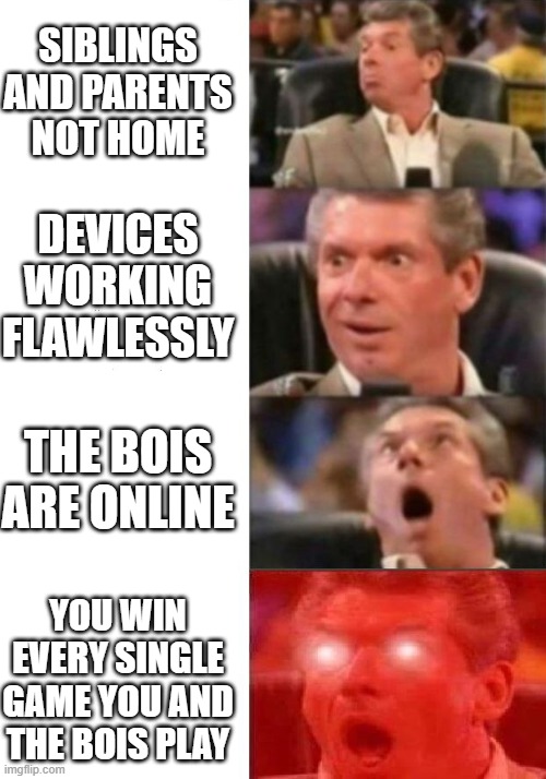 this would be the best flipping day ever for me | SIBLINGS AND PARENTS NOT HOME; DEVICES WORKING FLAWLESSLY; THE BOIS ARE ONLINE; YOU WIN EVERY SINGLE GAME YOU AND THE BOIS PLAY | image tagged in mr mcmahon reaction | made w/ Imgflip meme maker
