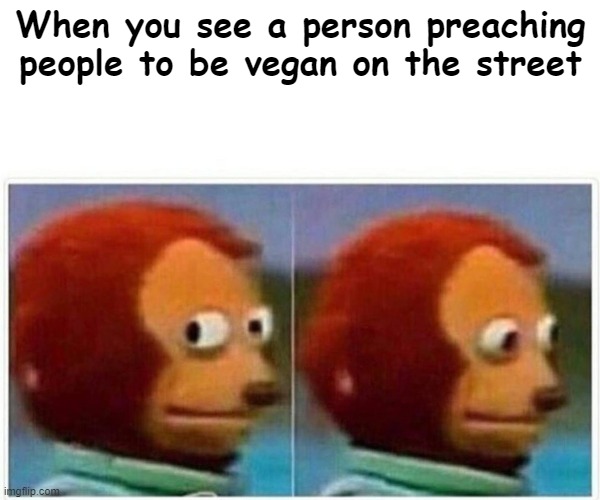 okay...? | When you see a person preaching people to be vegan on the street | image tagged in memes,monkey puppet | made w/ Imgflip meme maker