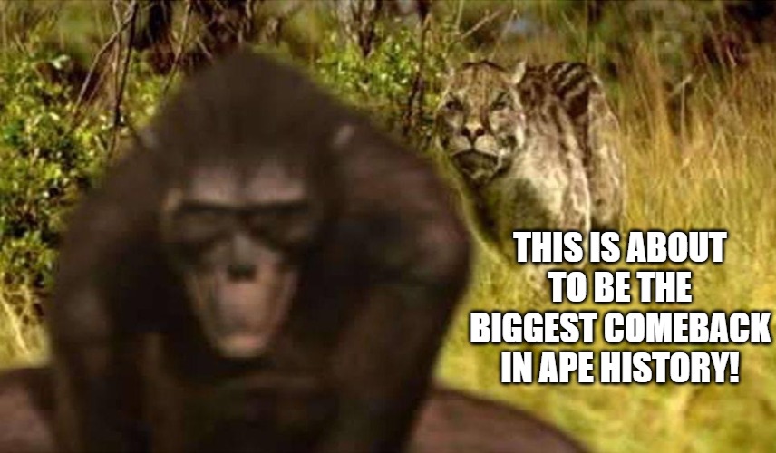 lets do this | THIS IS ABOUT TO BE THE BIGGEST COMEBACK IN APE HISTORY! | image tagged in dinofelis sneaks on australopithecus | made w/ Imgflip meme maker