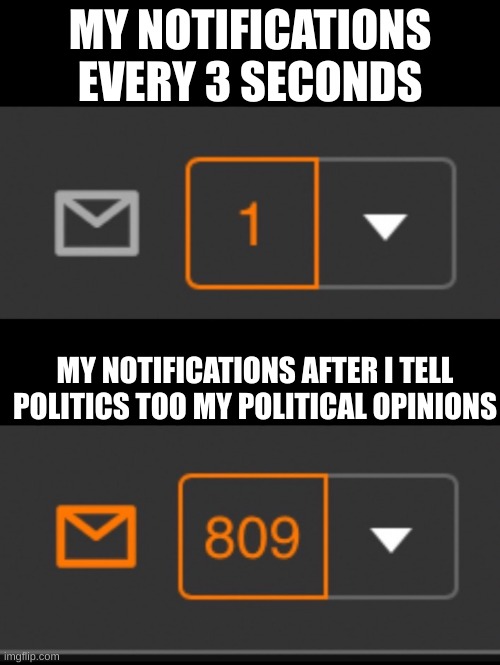 1 notification vs. 809 notifications with message | MY NOTIFICATIONS EVERY 3 SECONDS; MY NOTIFICATIONS AFTER I TELL POLITICS TOO MY POLITICAL OPINIONS | image tagged in 1 notification vs 809 notifications with message | made w/ Imgflip meme maker