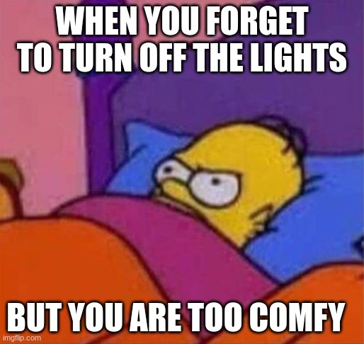 No name | WHEN YOU FORGET TO TURN OFF THE LIGHTS; BUT YOU ARE TOO COMFY | image tagged in angry homer simpson in bed | made w/ Imgflip meme maker