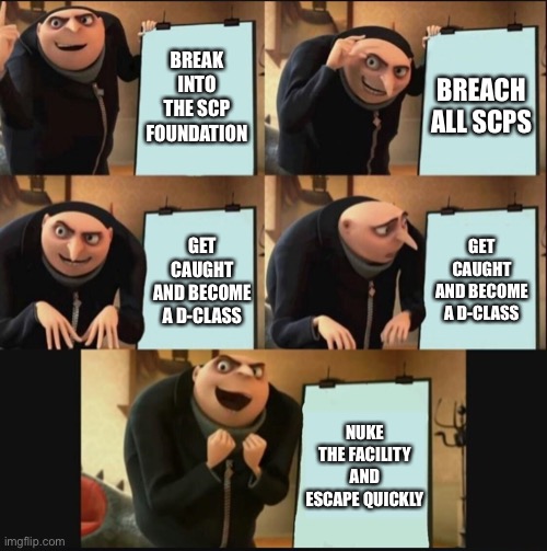 Scp plan | BREAK INTO THE SCP FOUNDATION; BREACH ALL SCPS; GET CAUGHT AND BECOME A D-CLASS; GET CAUGHT AND BECOME A D-CLASS; NUKE THE FACILITY AND ESCAPE QUICKLY | image tagged in 5 panel gru meme,scp,gaming,memes | made w/ Imgflip meme maker