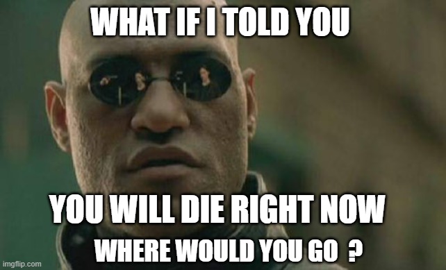 Matrix Morpheus | WHAT IF I TOLD YOU; YOU WILL DIE RIGHT NOW; WHERE WOULD YOU GO  ? | image tagged in memes,matrix morpheus | made w/ Imgflip meme maker