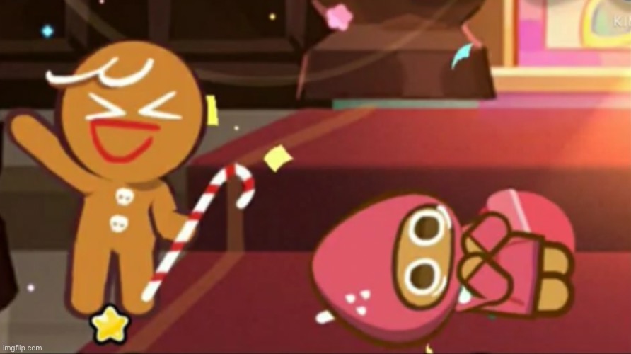 e | image tagged in happy gingerbrave vs traumatized strawberry cookie | made w/ Imgflip meme maker