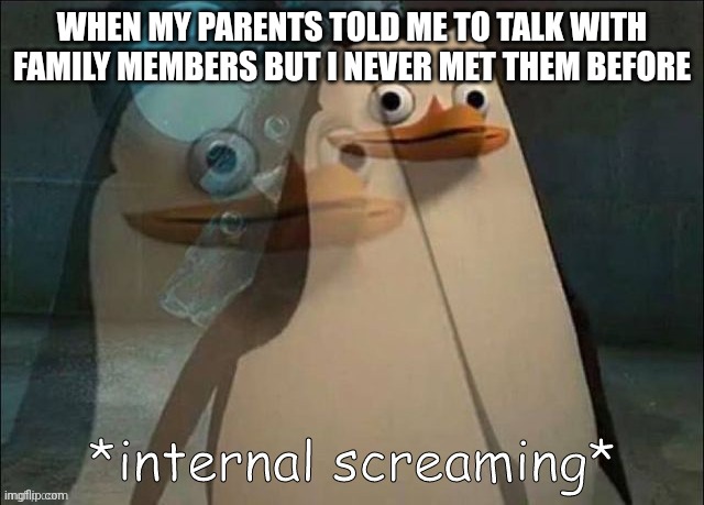 Often happens in my life | WHEN MY PARENTS TOLD ME TO TALK WITH FAMILY MEMBERS BUT I NEVER MET THEM BEFORE | image tagged in private internal screaming,family,parents | made w/ Imgflip meme maker