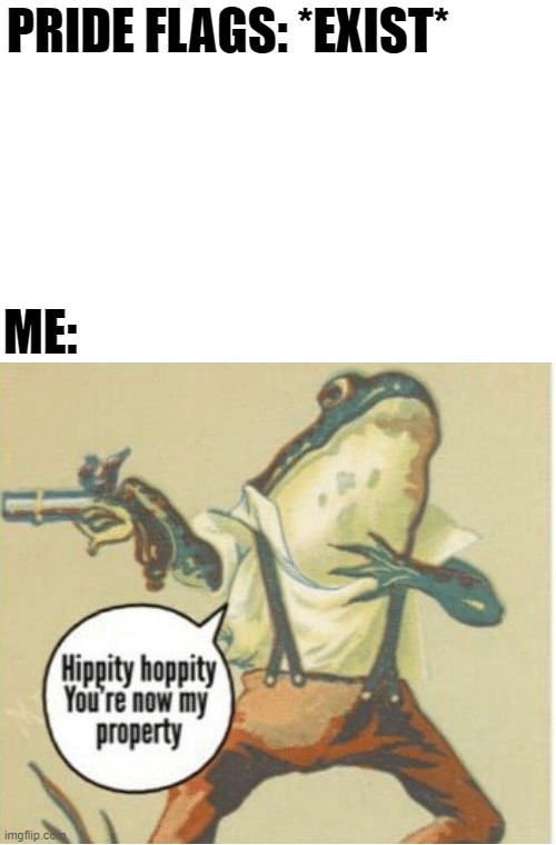 Hippity hoppity, you're now my property | PRIDE FLAGS: *EXIST*; ME: | image tagged in hippity hoppity you're now my property,memes,funny,lgbtq,frog,hippity hoppity | made w/ Imgflip meme maker