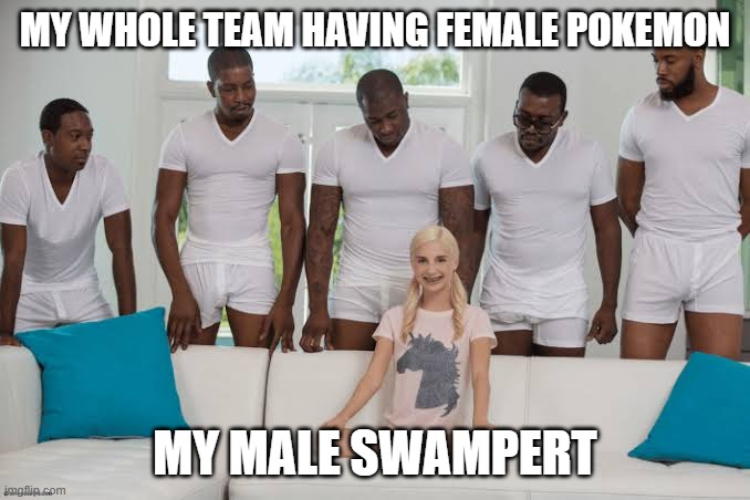 A | MY WHOLE TEAM HAVING FEMALE POKEMON; MY MALE SWAMPERT | image tagged in one girl five guys | made w/ Imgflip meme maker