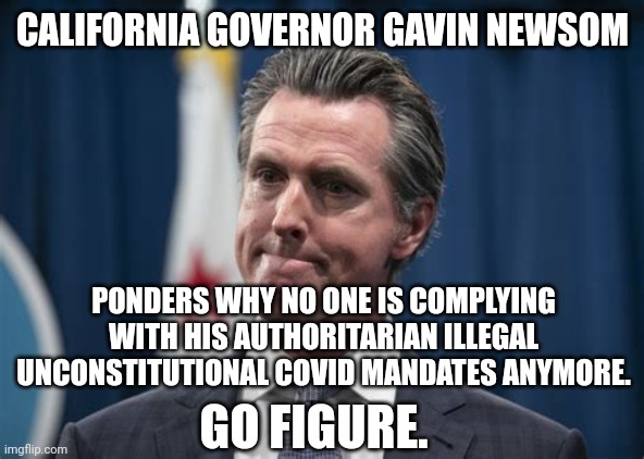 GAVIN NEWSOM CAN'T UNDERSTAND | CALIFORNIA GOVERNOR GAVIN NEWSOM; PONDERS WHY NO ONE IS COMPLYING WITH HIS AUTHORITARIAN ILLEGAL UNCONSTITUTIONAL COVID MANDATES ANYMORE. GO FIGURE. | image tagged in gov newsom looks pensive,gavin,covid-19,covid vaccine,masks,california | made w/ Imgflip meme maker
