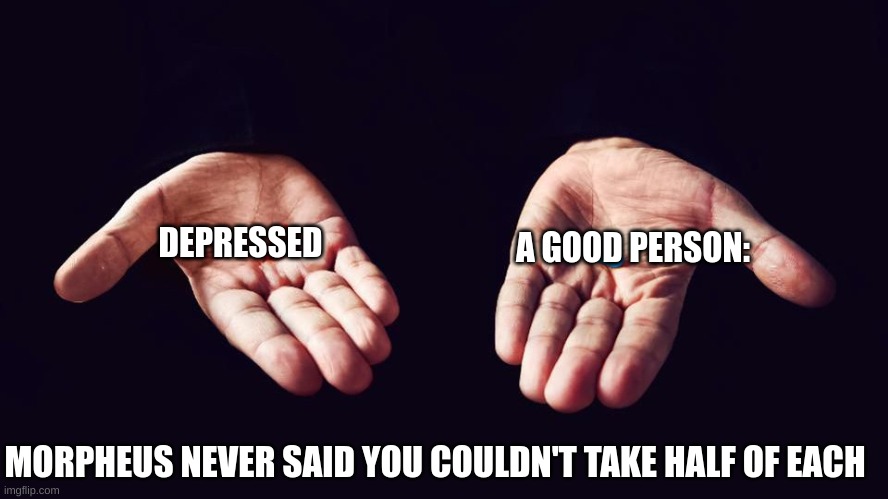 DEPRESSED A GOOD PERSON: MORPHEUS NEVER SAID YOU COULDN'T TAKE HALF OF EACH | made w/ Imgflip meme maker