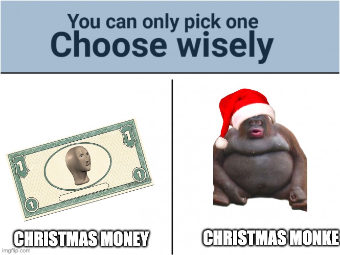 this is HARD decision | CHRISTMAS MONKE; CHRISTMAS MONEY | image tagged in you can pick only one choose wisely | made w/ Imgflip meme maker
