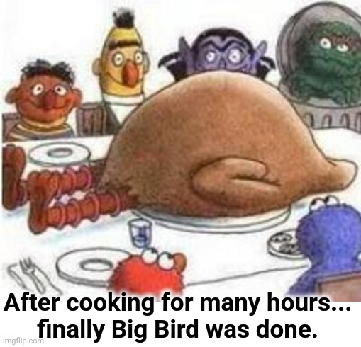 After cooking for many hours... 
finally Big Bird was done. | made w/ Imgflip meme maker