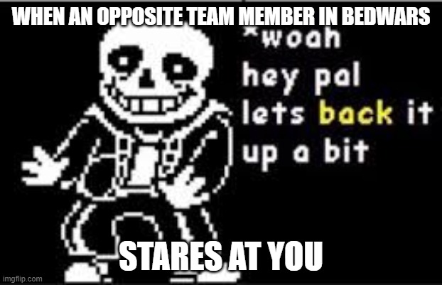 woah hey pal lets back it up a bit | WHEN AN OPPOSITE TEAM MEMBER IN BEDWARS; STARES AT YOU | image tagged in woah hey pal lets back it up a bit | made w/ Imgflip meme maker