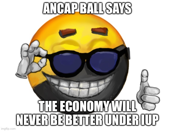 We are cool with Anarchists, particularly from Lib Right. But the message is right. | ANCAP BALL SAYS; THE ECONOMY WILL NEVER BE BETTER UNDER IUP | image tagged in ancap | made w/ Imgflip meme maker