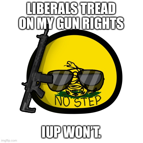 Vote IUP to keep Pepe’s Guns and Liqour Store open. | LIBERALS TREAD ON MY GUN RIGHTS; IUP WON’T. | image tagged in libertarianism ball | made w/ Imgflip meme maker