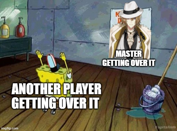 Respect Lucas-sama | MASTER GETTING OVER IT; ANOTHER PLAYER GETTING OVER IT | image tagged in spongebob worship,vtuber,luca kaneshiro,njisanjien,getting over it | made w/ Imgflip meme maker