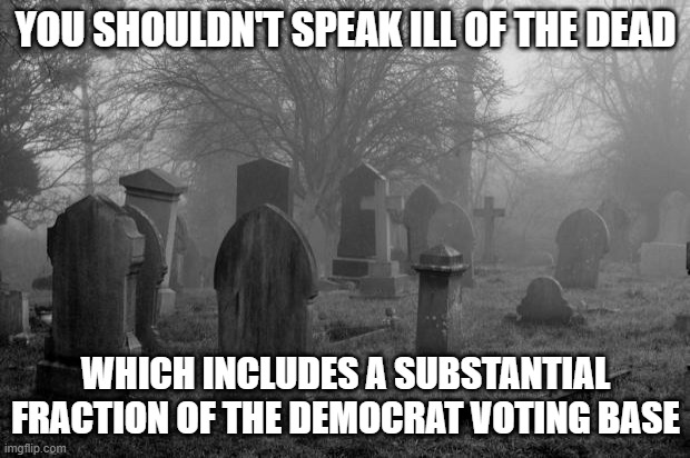 Goth cemetary | YOU SHOULDN'T SPEAK ILL OF THE DEAD WHICH INCLUDES A SUBSTANTIAL FRACTION OF THE DEMOCRAT VOTING BASE | image tagged in goth cemetary | made w/ Imgflip meme maker