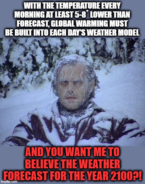 Planet Earth was supposed to incinerate itself by 2006.  Instead, I'm FREEZING MY ASS OFF! | WITH THE TEMPERATURE EVERY MORNING AT LEAST 5-8˚ LOWER THAN FORECAST, GLOBAL WARMING MUST BE BUILT INTO EACH DAY'S WEATHER MODEL; AND YOU WANT ME TO BELIEVE THE WEATHER FORECAST FOR THE YEAR 2100?! | image tagged in memes,jack nicholson the shining snow,weather,global warming,climate change,democrats | made w/ Imgflip meme maker