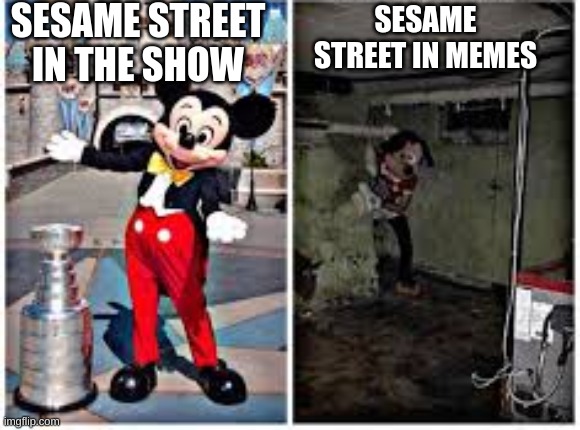 gfjghjgsjhgdjfgs | SESAME STREET IN THE SHOW; SESAME STREET IN MEMES | image tagged in mickey mouse in disneyland,sesame street | made w/ Imgflip meme maker