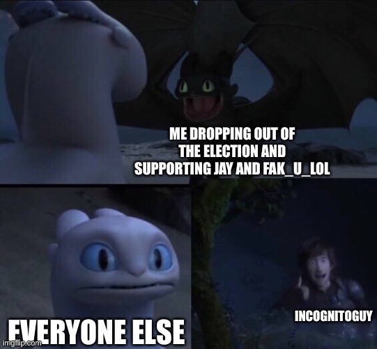 I'll be running some other time guys, chill | ME DROPPING OUT OF THE ELECTION AND SUPPORTING JAY AND FAK_U_LOL; INCOGNITOGUY; EVERYONE ELSE | image tagged in how to train your dragon 3 | made w/ Imgflip meme maker