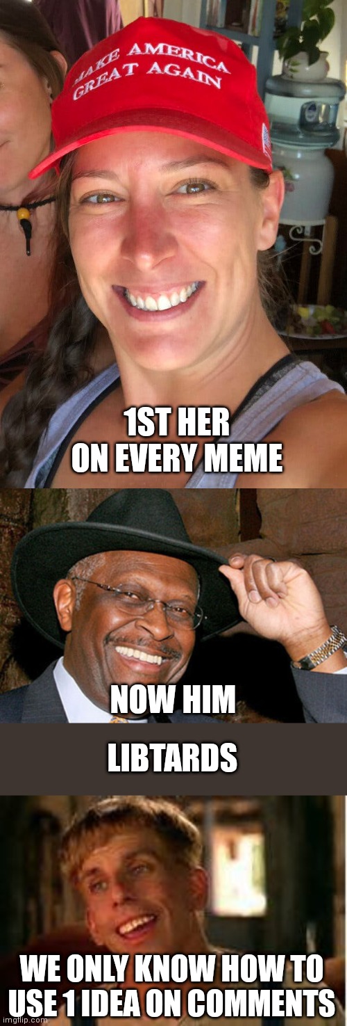 1ST HER ON EVERY MEME; NOW HIM; LIBTARDS; WE ONLY KNOW HOW TO USE 1 IDEA ON COMMENTS | image tagged in ashli babbitt,herman cain,simple jack | made w/ Imgflip meme maker