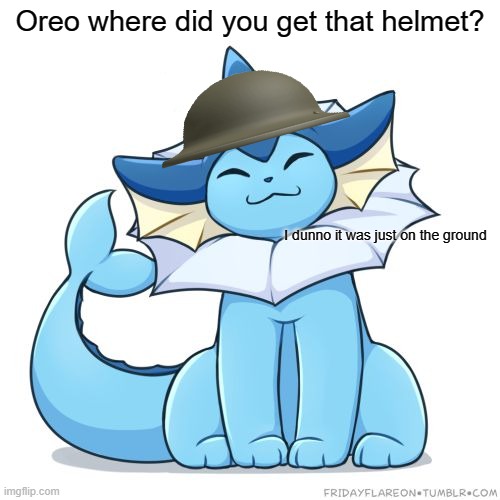 i let him keep it | Oreo where did you get that helmet? I dunno it was just on the ground | image tagged in vaporeon | made w/ Imgflip meme maker