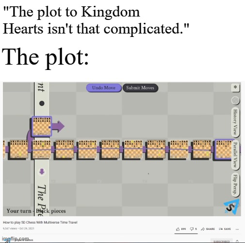 Triple S Games How to play 5D Chess With Multiverse Time Travel | "The plot to Kingdom Hearts isn't that complicated."; The plot: | image tagged in triple s games how to play 5d chess with multiverse time travel,kingdom hearts,memes | made w/ Imgflip meme maker