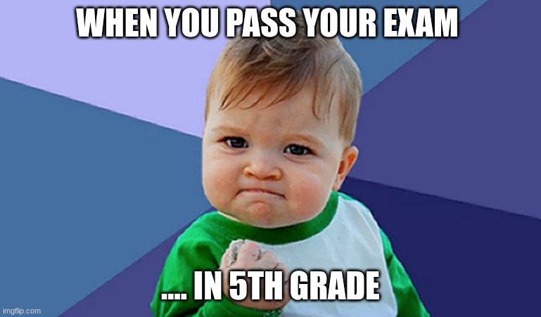 Meme kid | WHEN YOU PASS YOUR EXAM; .... IN 5TH GRADE | image tagged in meme kid,meme | made w/ Imgflip meme maker