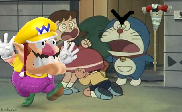 wario dies from doraemon after he pushed nobita right up to a girl | image tagged in wario,wario dies,doraemon,nobita,memes | made w/ Imgflip meme maker