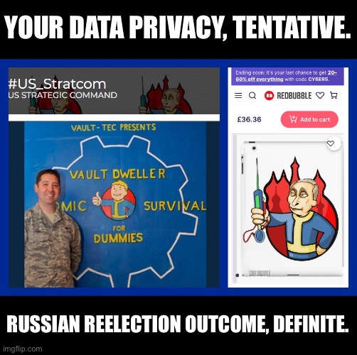 Cyber Security For Dummies | YOUR DATA PRIVACY, TENTATIVE. RUSSIAN REELECTION OUTCOME, DEFINITE. | image tagged in vladimir putin,us army,fallout vault boy,cybermen | made w/ Imgflip meme maker