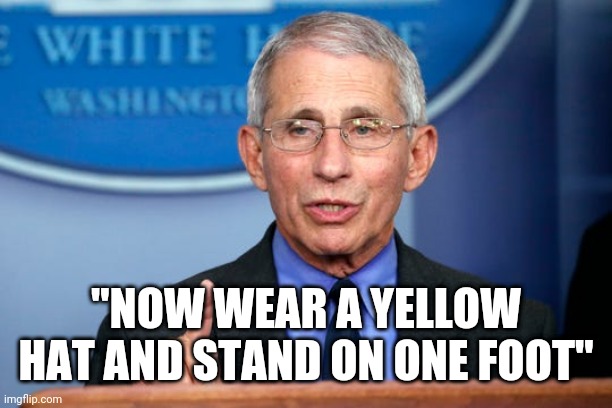 Dr. Fauci | "NOW WEAR A YELLOW HAT AND STAND ON ONE FOOT" | image tagged in dr fauci | made w/ Imgflip meme maker