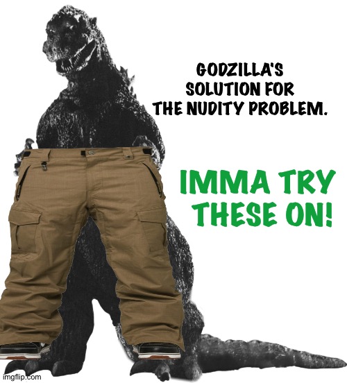 IMMA TRY 
THESE ON! GODZILLA'S SOLUTION FOR THE NUDITY PROBLEM. | made w/ Imgflip meme maker