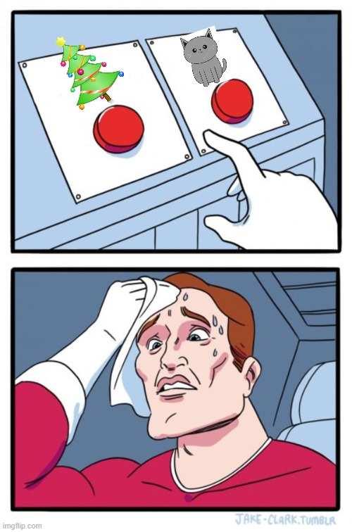 Both are not compatible. | image tagged in memes,two buttons,christmas tree,cute cat,cat | made w/ Imgflip meme maker