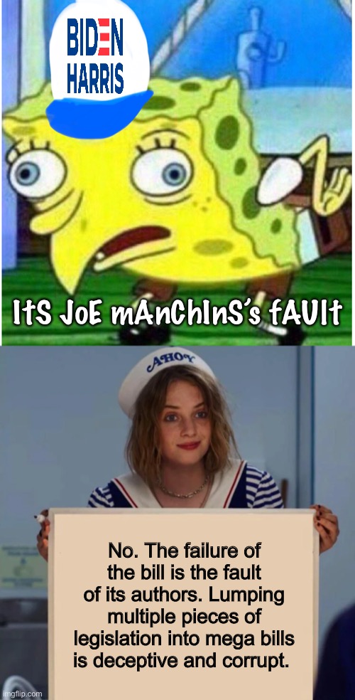 Mega bills are how Congress cons the electorate | ItS JoE mAnChInS’s fAUlt; No. The failure of the bill is the fault of its authors. Lumping multiple pieces of legislation into mega bills is deceptive and corrupt. | image tagged in robin stranger things meme,politics lol,memes,derp | made w/ Imgflip meme maker