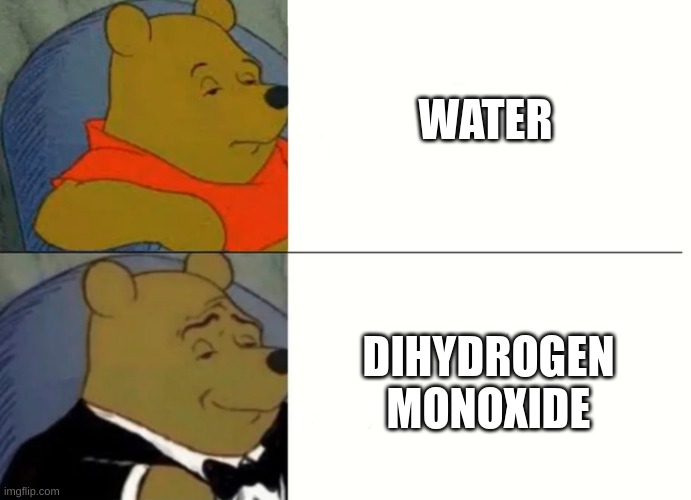 Fancy Winnie The Pooh Meme | WATER; DIHYDROGEN MONOXIDE | image tagged in fancy winnie the pooh meme | made w/ Imgflip meme maker