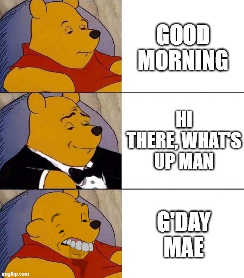 some awful ways to say good morning | GOOD MORNING; HI THERE, WHAT'S UP MAN; G'DAY MAE | image tagged in best better blurst | made w/ Imgflip meme maker